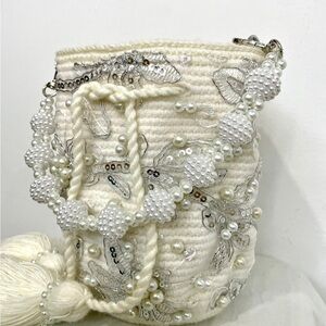 Colombian Indigenous Handmade White Beaded Crossbody Bag